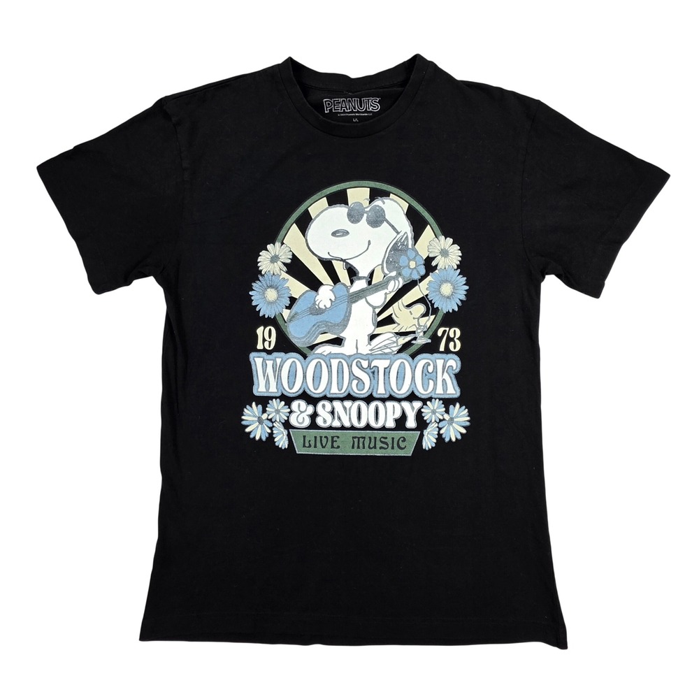 Peanuts Snoopy Woodstock 1973 Live Music Graphic T-Shirt Black Large L/L